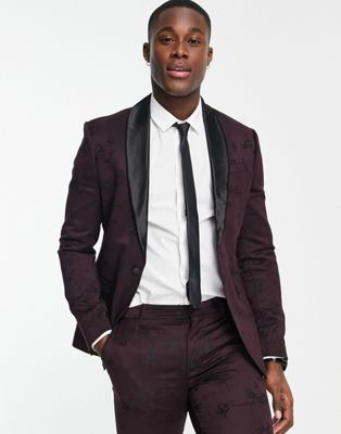 New Look skinny suit jacket in burgundy jacquard - ASOS Price Checker
