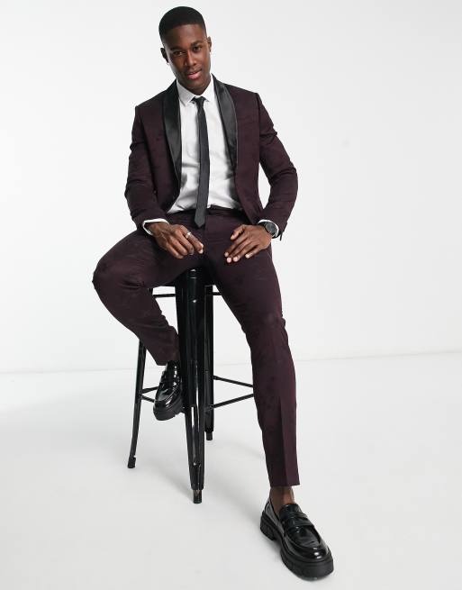 Burgundy and black jacquard party blazer jacket with black pants