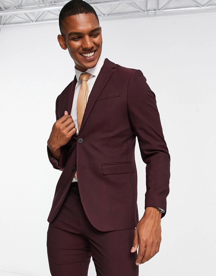 New Look skinny suit jacket in burgundy-Red