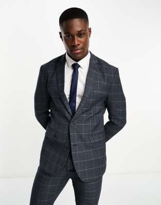 New Look Skinny Suit Jacket In Gray & Blue Check-navy