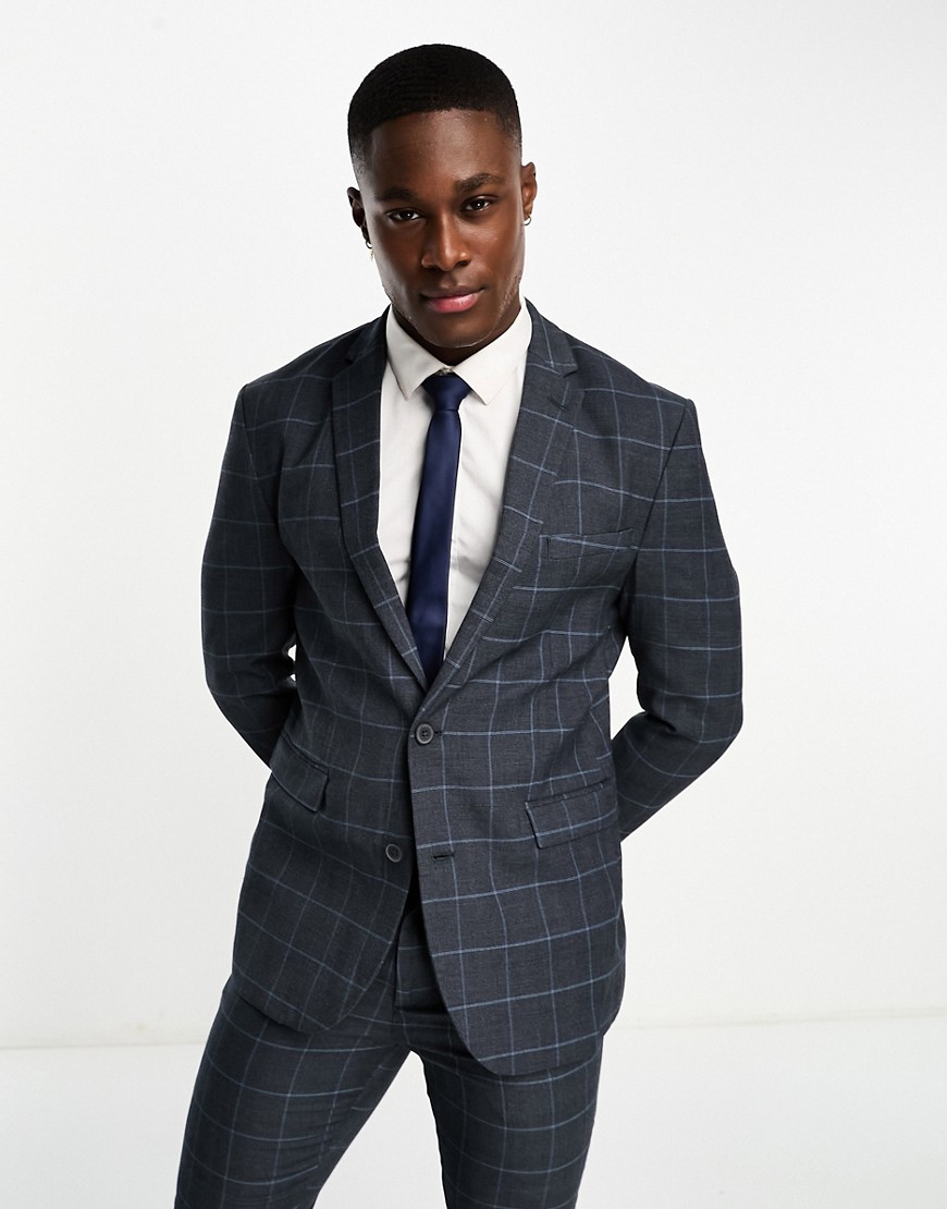 New Look skinny suit jacket in grey & blue check-Navy