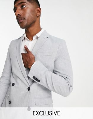 New Look skinny suit double breasted jacket in light grey check