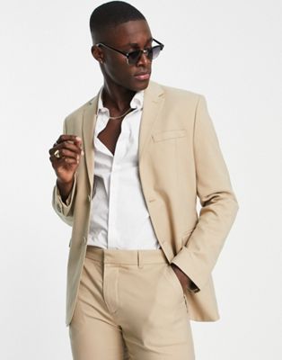 New Look skinny suit jacket in tan - ASOS Price Checker