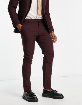 ASOS DESIGN super skinny wool mix suit pants in burgundy herringbone