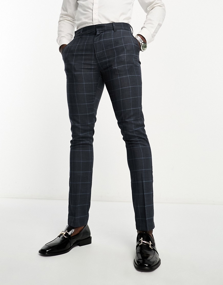 New Look Skinny Suit Pants In Gray & Blue Check-navy