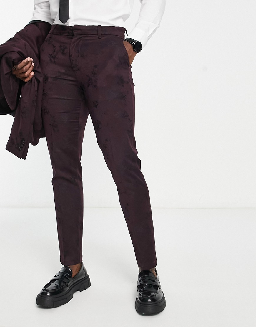 New Look skinny suit trouser in burgundy jacquard-Red