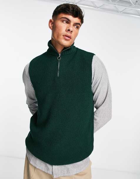 New Look sleeveless funnel neck fisherman rib knit vest in dark green - view 1