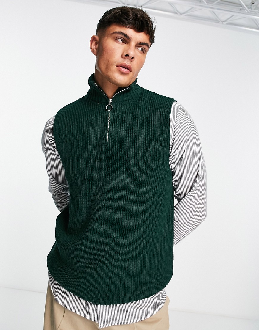 New Look sleeveless funnel neck fisherman rib knit vest in dark green