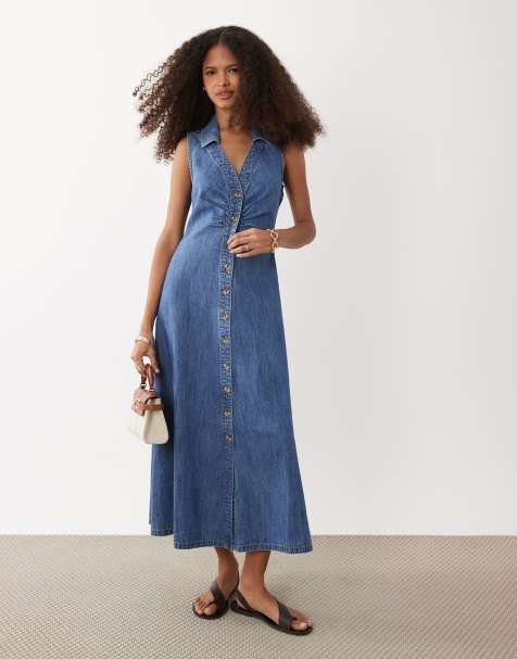 New Look sleeveless ruched denim midi dress in mid blue - view 1