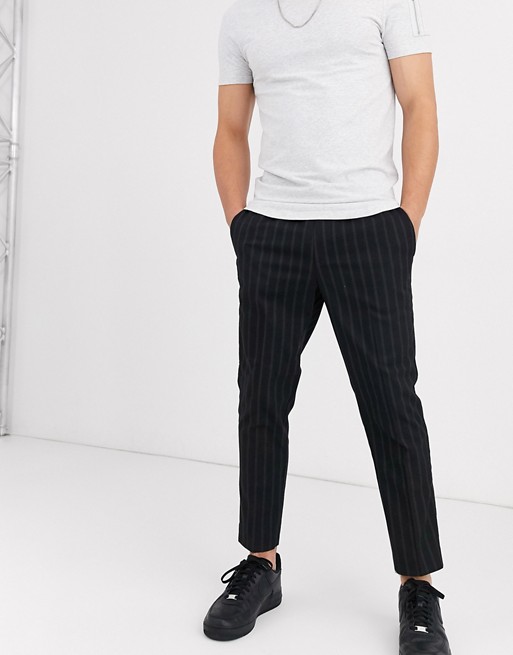 New Look slim crop pinstripe trousers in black