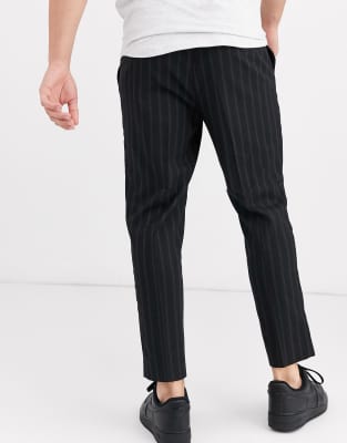 new look slim fit cropped trousers in grey pinstripe