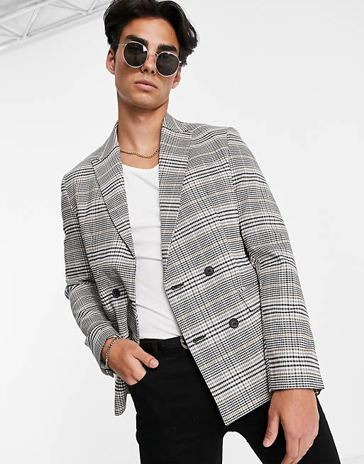 New Look slim double breasted suit jacket in grey check