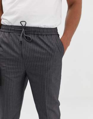 new look slim fit cropped trousers in grey pinstripe