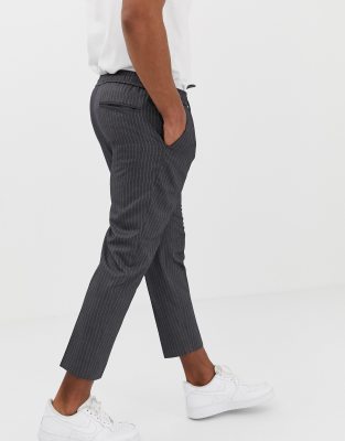 new look slim fit cropped trousers in grey pinstripe