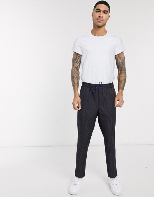 New Look slim fit cropped trousers in navy pinstripe