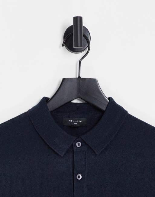 New Look - Slim-fit gebreide polo in marineblauw, 2 van 4