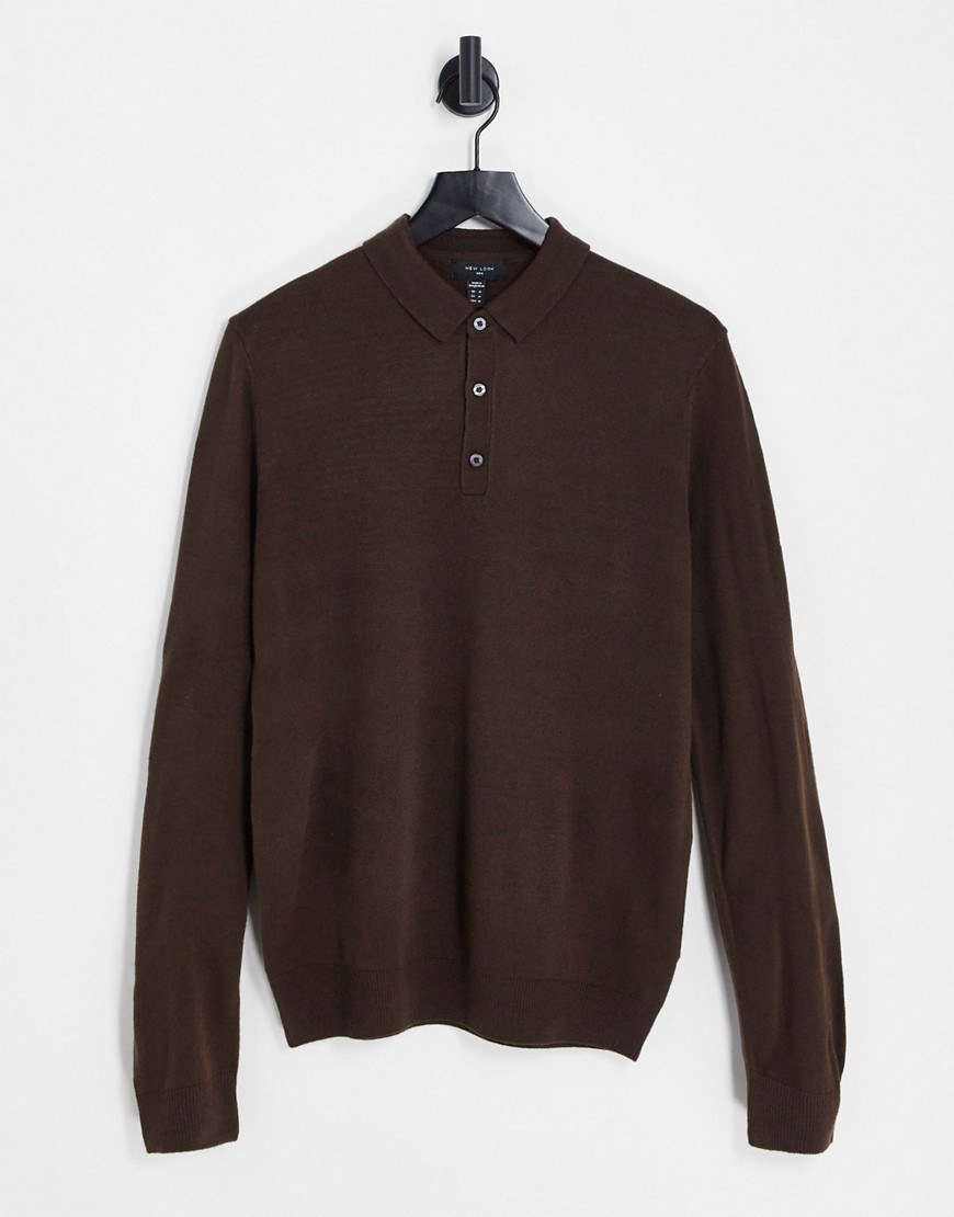 New Look slim fit knit polo in dark brown