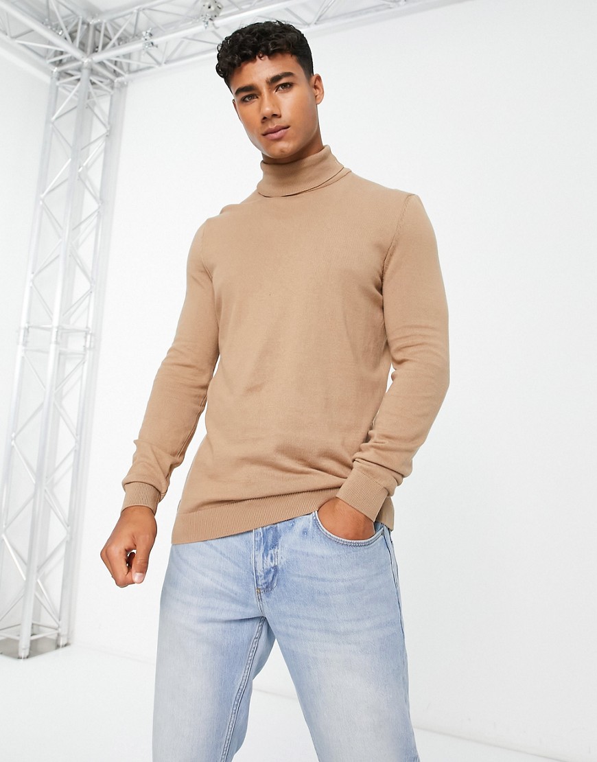 New Look slim fit knit turtle neck sweater in camel-Neutral