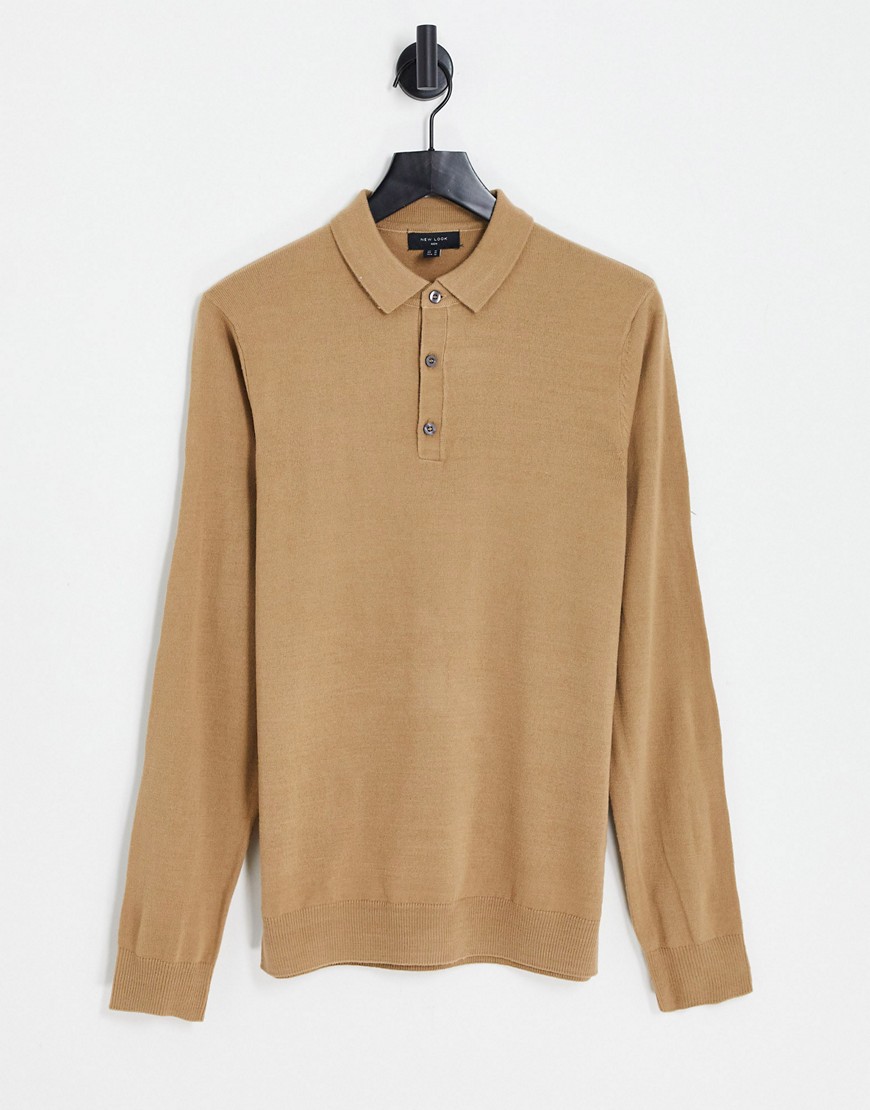 New Look slim fit knitted polo in camel-Neutral