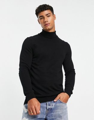 New Look slim fit knitted roll neck jumper in black