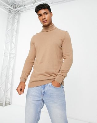 New Look slim fit knitted roll neck jumper in camel