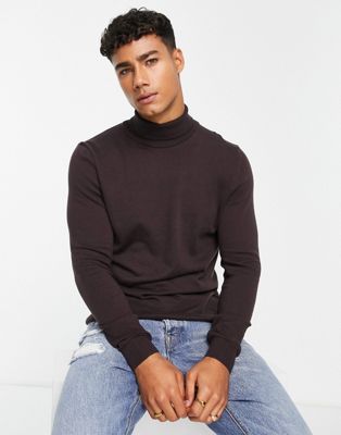 New Look slim fit knitted roll neck jumper in dark brown