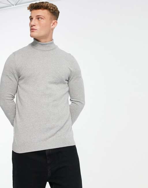 New Look slim fit knitted roll neck sweater in gray | ASOS