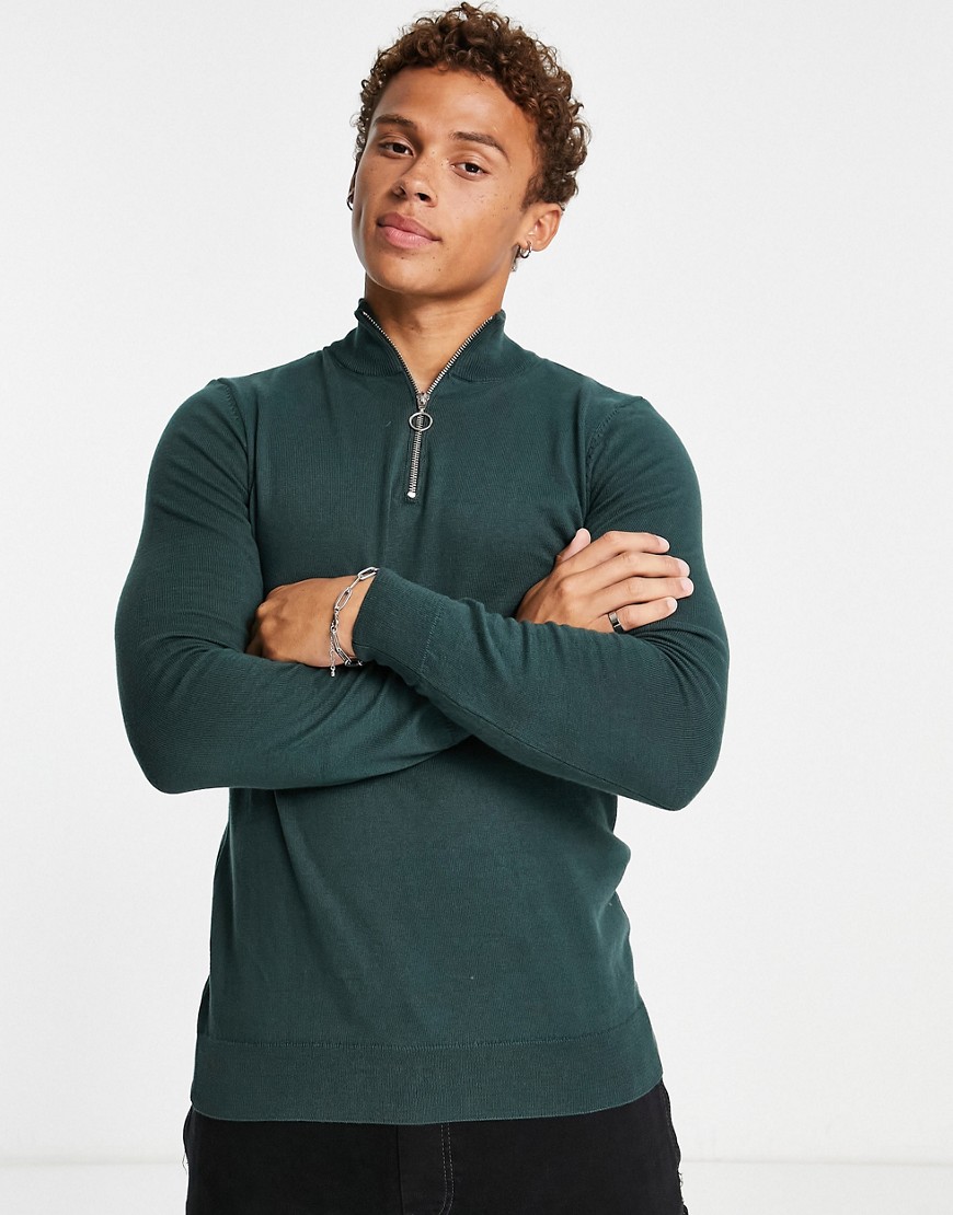 New Look slim fit zip funnel neck knit sweater in dark green