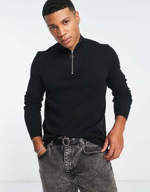 New Look slim fit zip funnel neck knitted jumper in black, 2 of 4