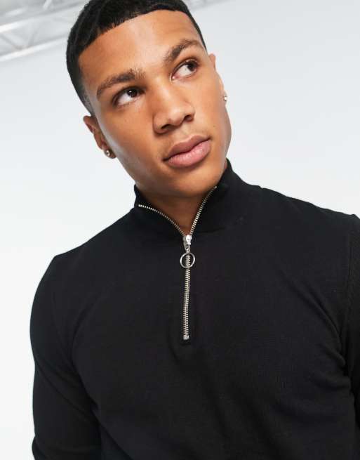 New Look slim fit zip funnel neck knitted jumper in black, 3 of 4