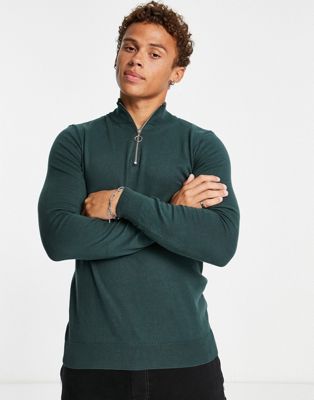 New Look slim fit zip funnel neck knitted jumper in dark green