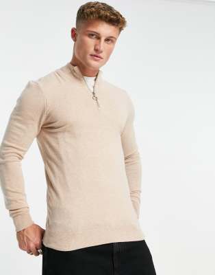 New Look Slim Fit Zip Funnel Neck Knitted Sweater In Oatmeal-neutral