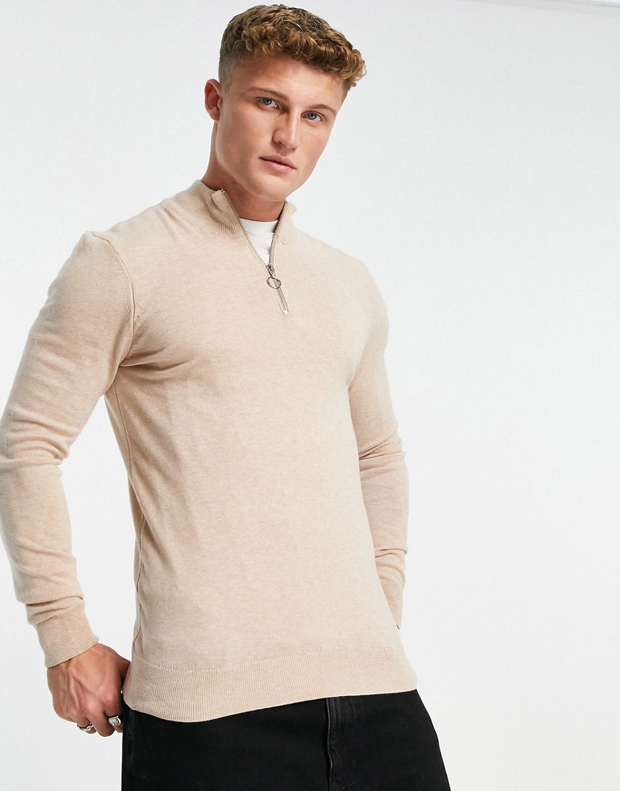New Look slim fit zip funnel neck knitted sweater in oatmeal-Neutral