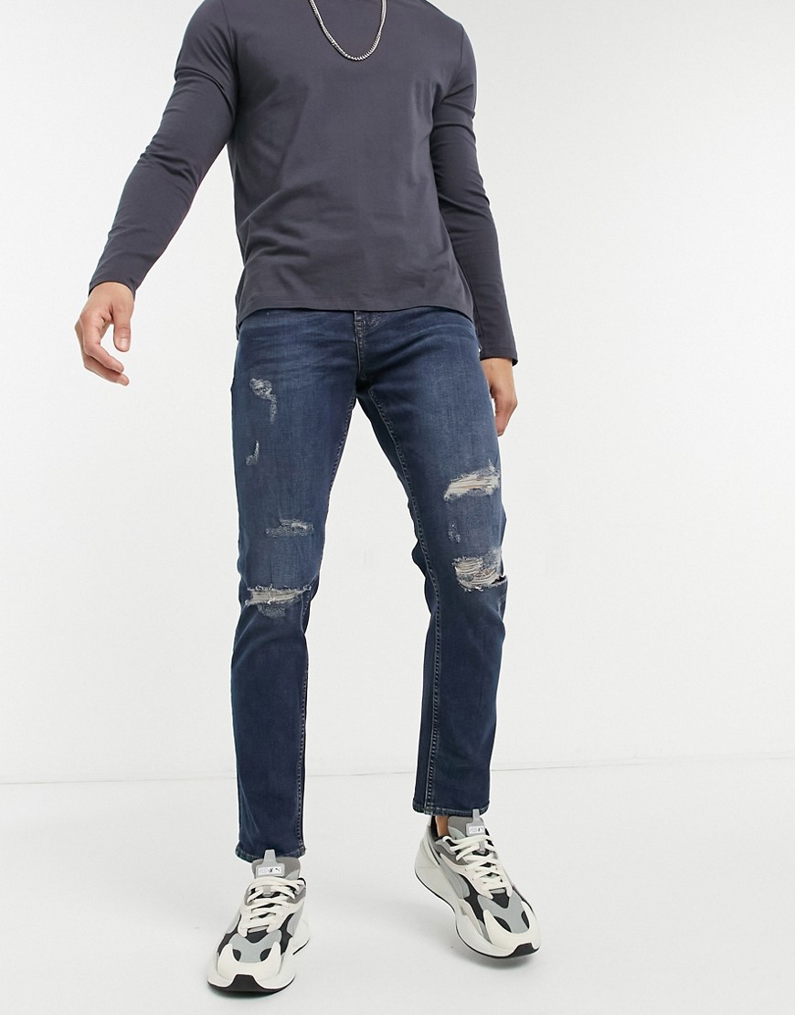 new look slim jeans with rips in dark blue wash