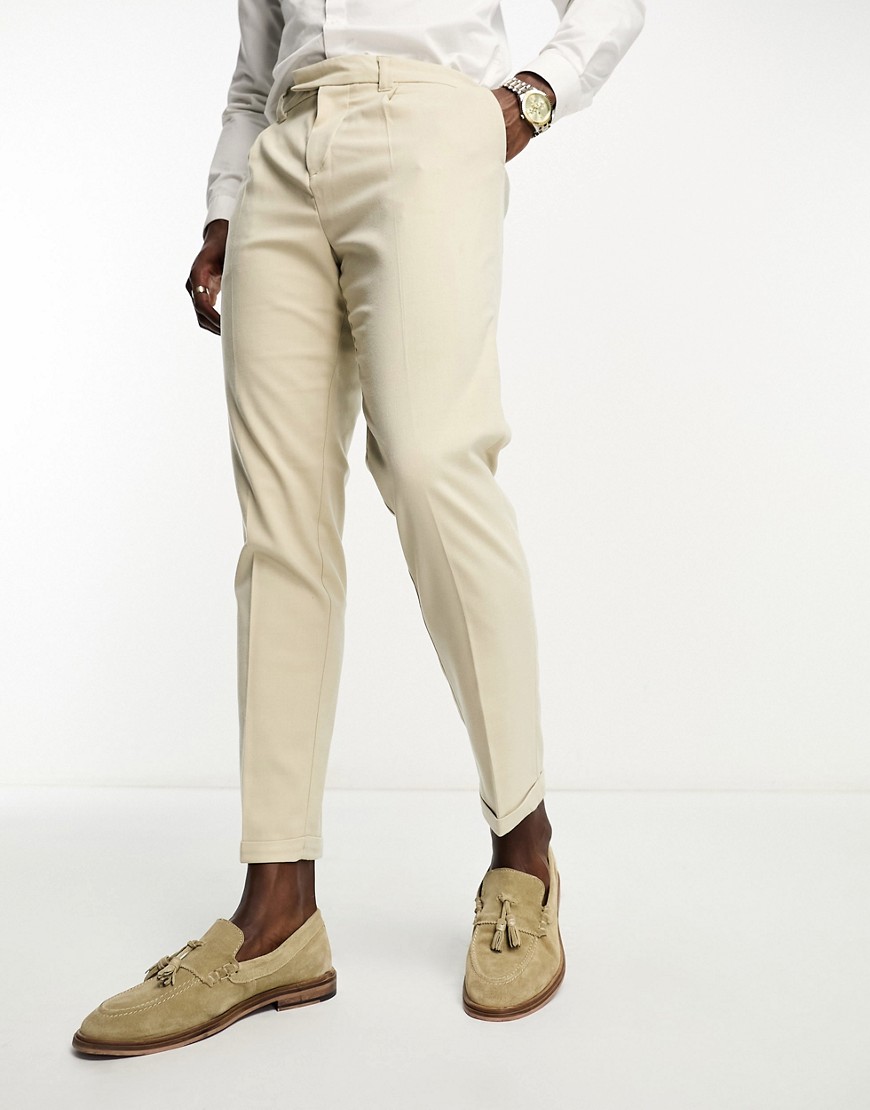 New Look slim pleat trousers in oatmeal-White
