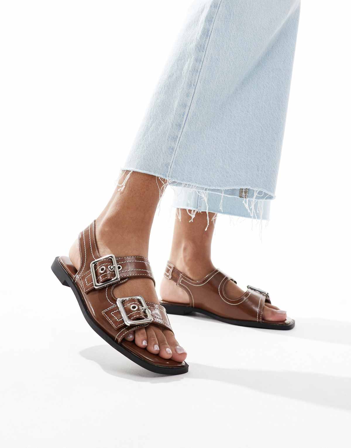 New Look slingback chunky patent sandal with contrast stitch in brown