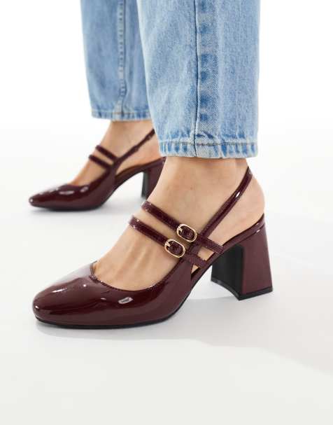 New Look slingback heeled mary jane shoes in burgundy - view 1