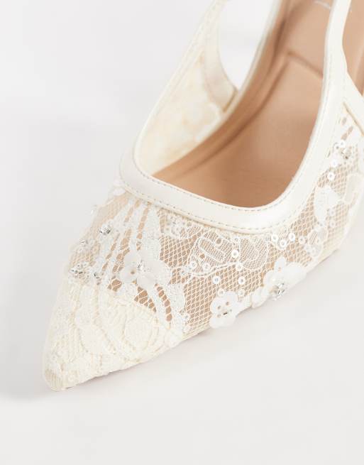 New Look – Slingback-Schuhe aus Spitze und Netzstoff in Weiß mit Absatz, 2 von 4