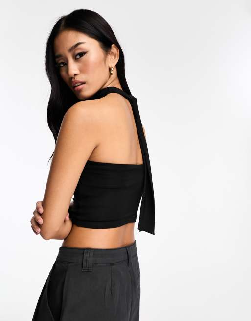 New Look slinky jersey bandeau with neck tie in black, 3 of 4