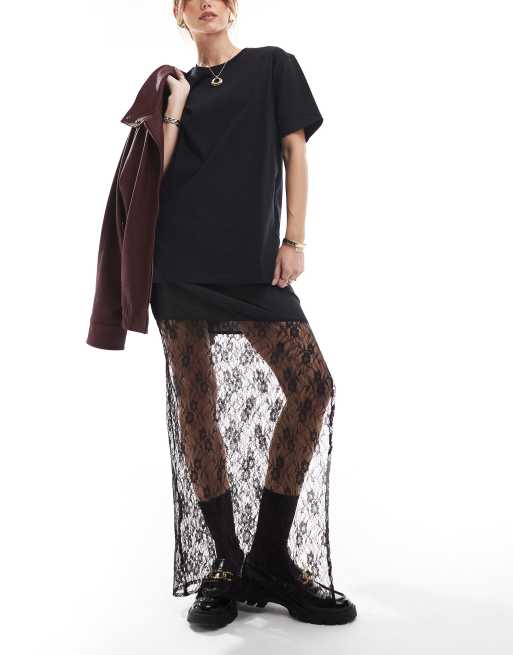 New Look slinky lace midi skirt in black