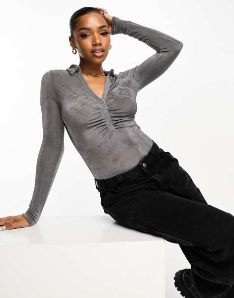 New Look slinky long sleeve bodysuit in grey - view 1