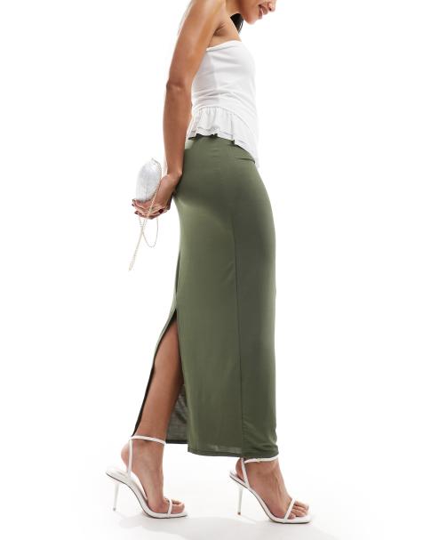 New Look slinky midi skirt in khaki - view 1
