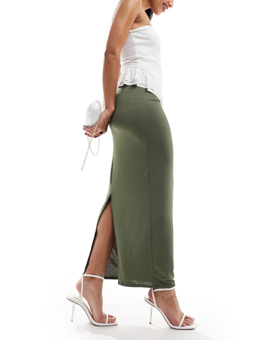 New Look slinky midi skirt in khaki-Green