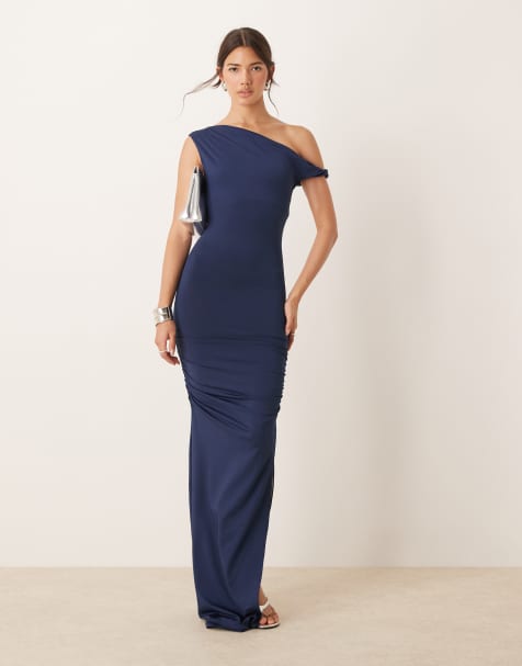 New Look slinky one shoulder maxi dress in navy
