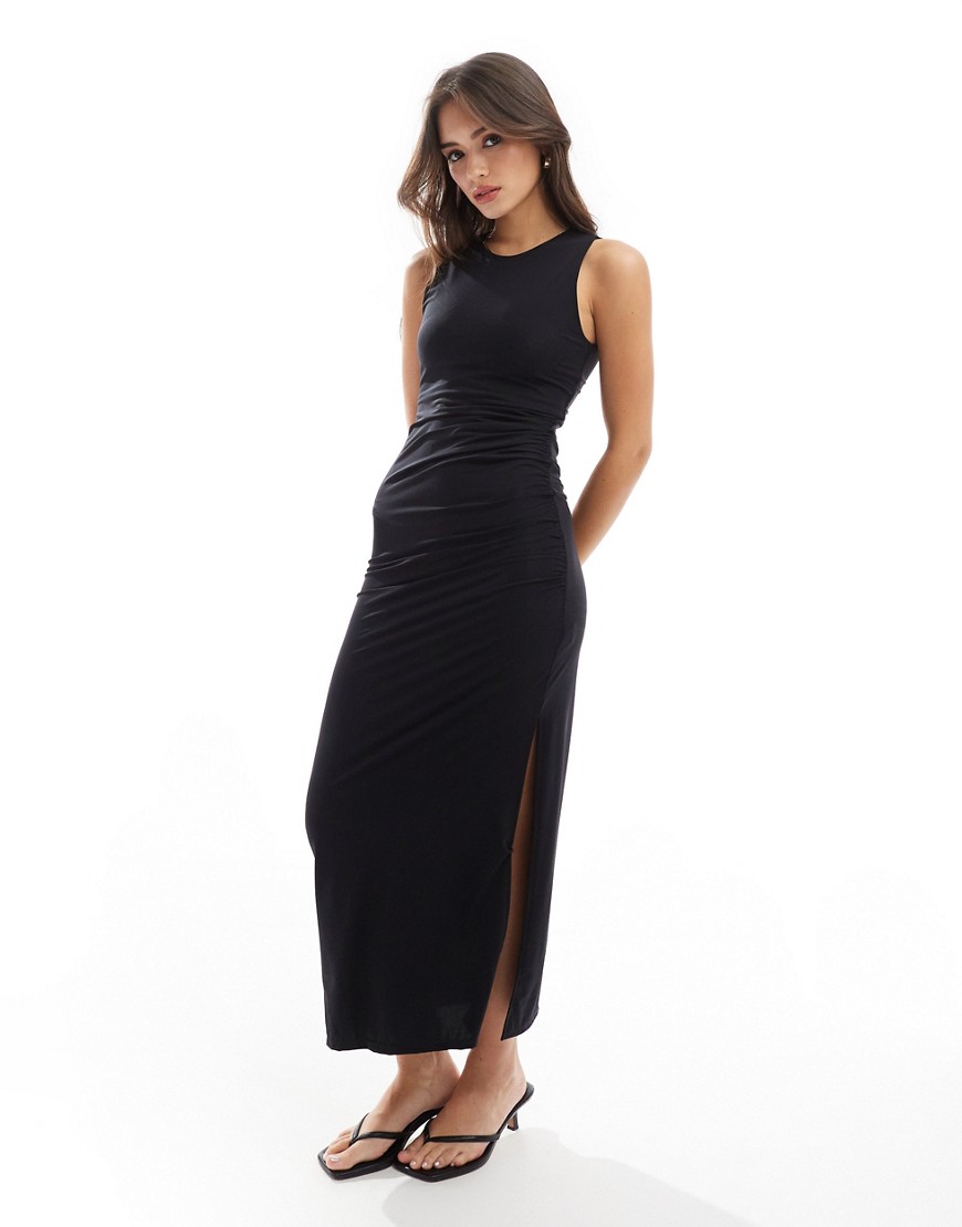 New Look slinky ruched side maxi dress in black