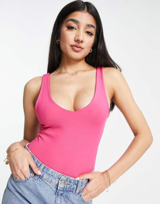 New Look slinky v front bodysuit in bright pink