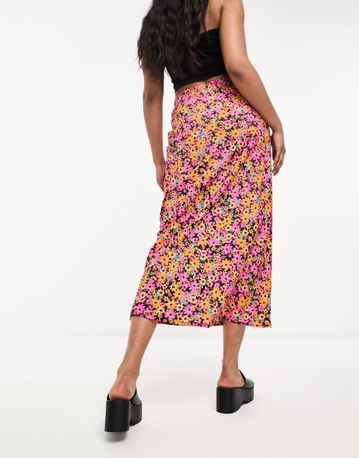 New Look slip midi skirt in pink and orange floral, 3 of 4