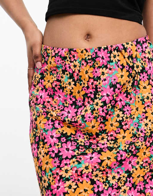 New Look slip midi skirt in pink and orange floral, 4 of 4