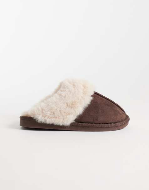 New Look slipper in suedette foderata in pelliccia sintetica, marrone scuro - view 1