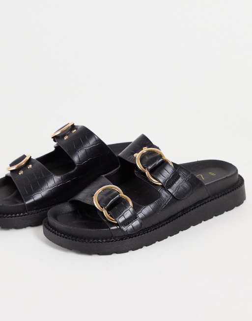 New Look - Slippers met dubbele gespbanden en krokodillentextuur in zwart